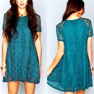 Show Me Your MuMu Nick's Lace Babydoll Dress Short Sleeve Round Neck Teal SZ M